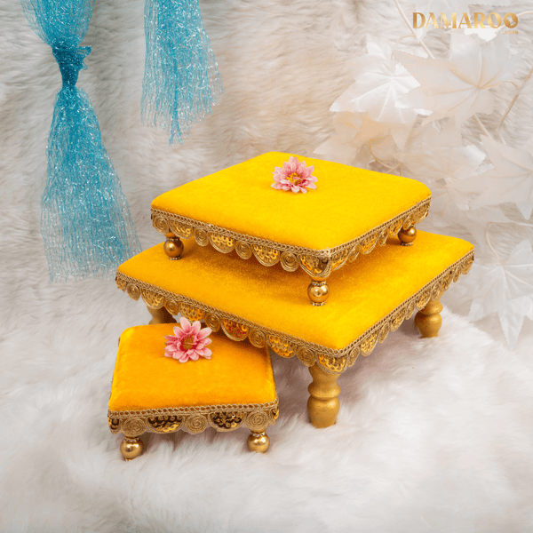 Set of 3 | Bhakti Bliss Cushioned Small Pooja Chowki | Round Golden Frill | Square Set