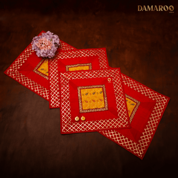 Set of 3 | Royal Radiance Raw Silk & Gota Anti-Skid Pooja Aasan & Mat Set