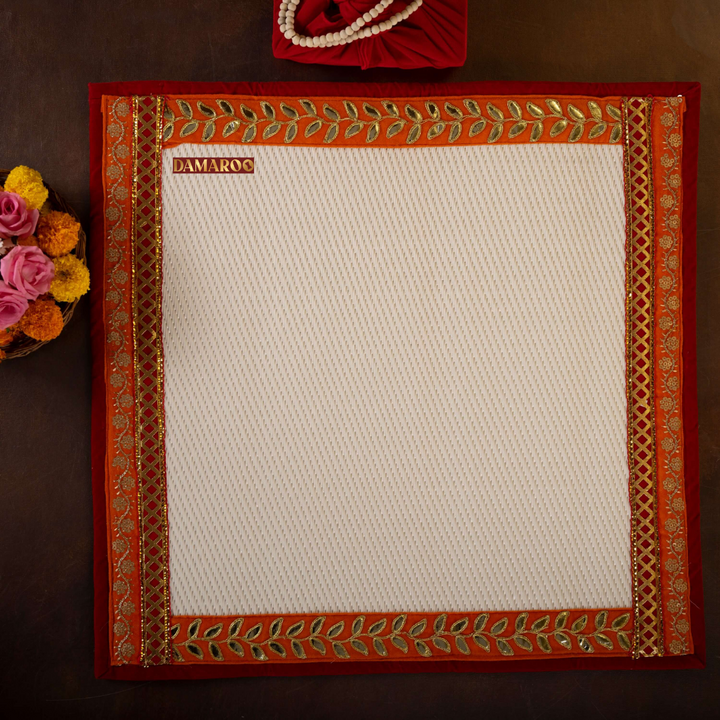 Image of the White & Orange Gota & Sequence work 2x2 feet, Designer & Fancy Pooja Aasan, Floor Mat, Pooja Room Carpet, Meditation Mat, Prayer Mat, Pooja Mats.