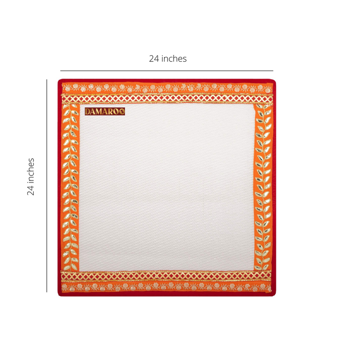 Image of the White & Orange Gota & Sequence work 2x2 feet, Designer & Fancy Pooja Aasan, Floor Mat, Pooja Room Carpet, Meditation Mat, Prayer Mat, Pooja Mats.