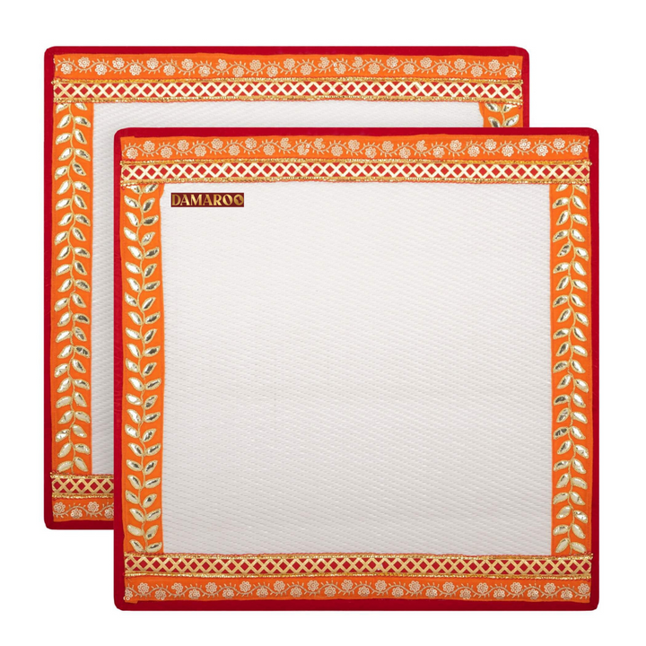 Image of the White & Orange Gota & Sequence work 2x2 feet, Designer & Fancy Pooja Aasan, Floor Mat, Pooja Room Carpet, Meditation Mat, Prayer Mat, Pooja Mats.